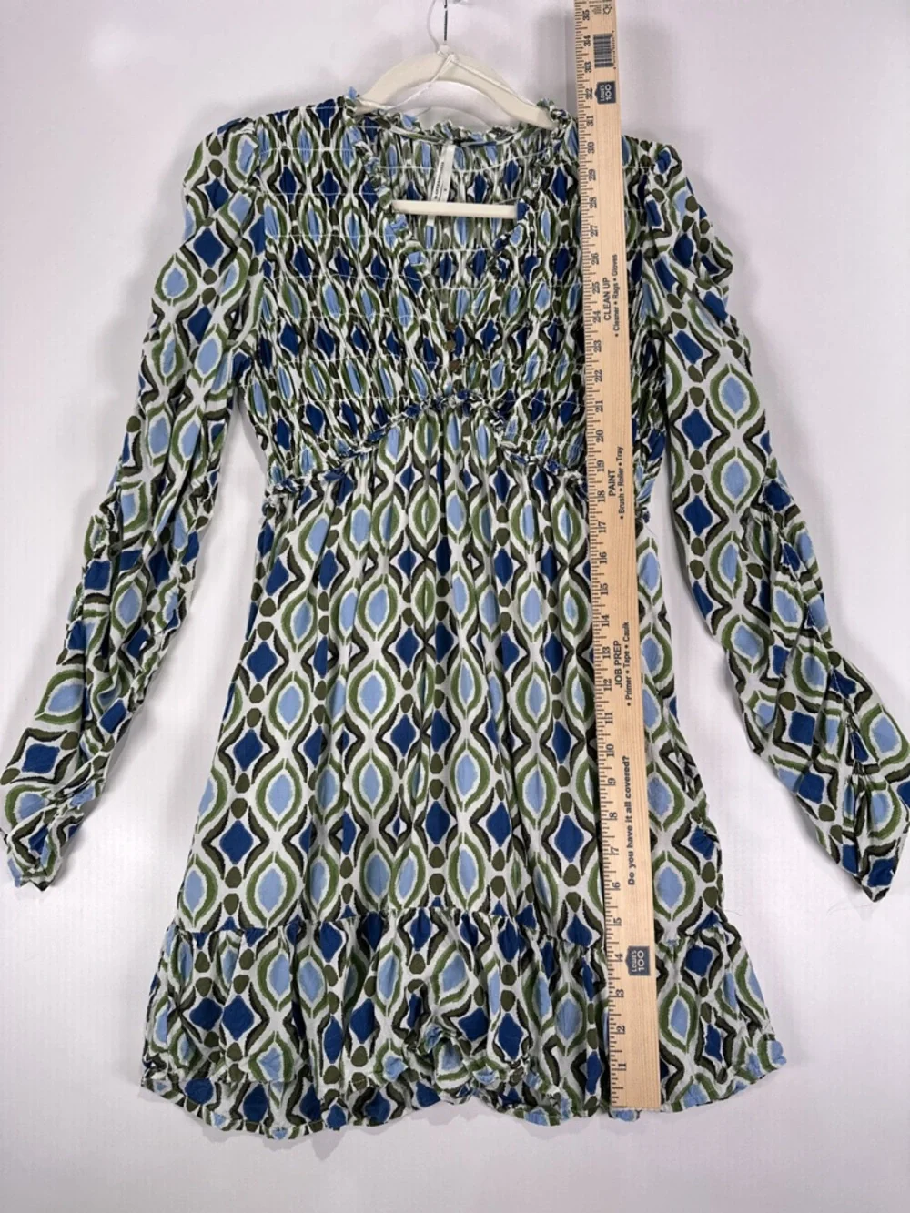 By Anthropologie Ruffle Mini Dress Smocked Long Sleeve Ikat Blue Green S - Picture 10 of 14
